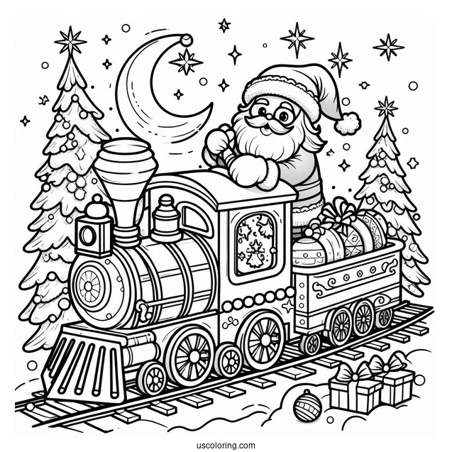 Coloring Page Of a Christmas Train With Santa