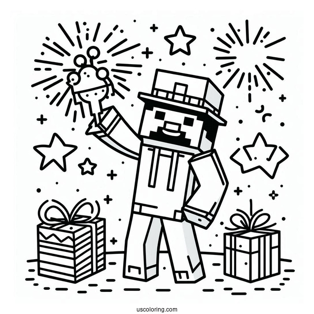 New Year Coloring Page Of Minecraft Steve Celebrating For Kids