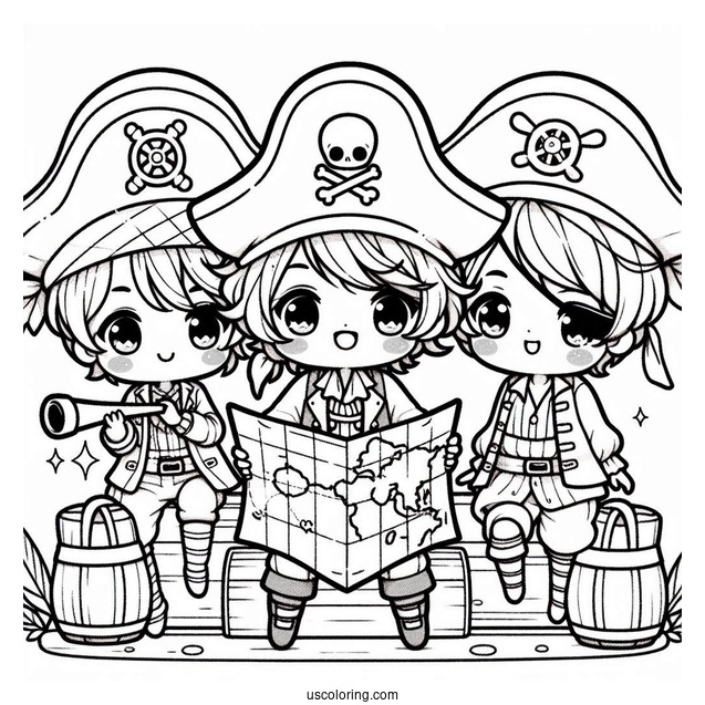 Three Chibi Pirate Coloring Page On Deck With A Map And A Telescope