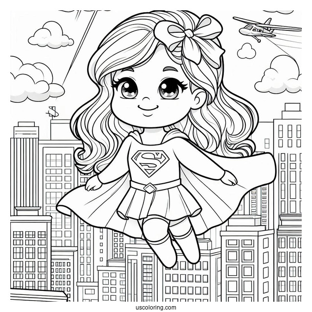 Cute Supergirl Coloring Page Flying Through The City For Preschoolers