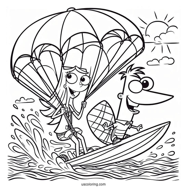 Phineas And Ferb Coloring Page And Candace Surfing With Perry The Platypus On A Parachute