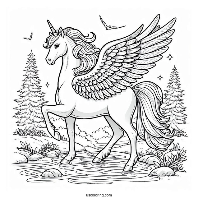 Beautiful Pegasus Coloring Page Standing By The River