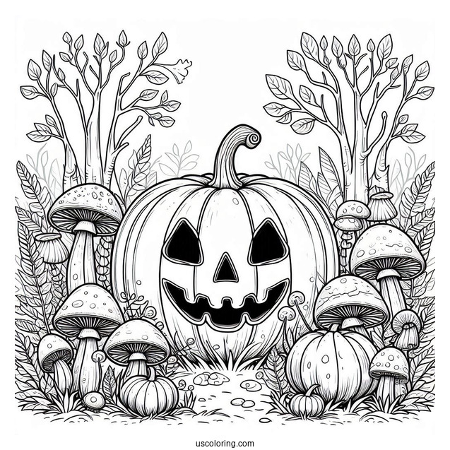Pumpkin Coloring Page Of Creepy Jack O Lantern Surrounded By Mushrooms In The Garden