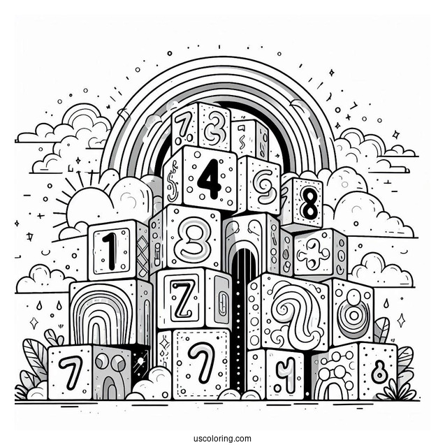 Tall Numberblocks Coloring Page 7 With Rainbows