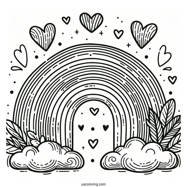 Rainbow Coloring Page With Love Heart Clouds