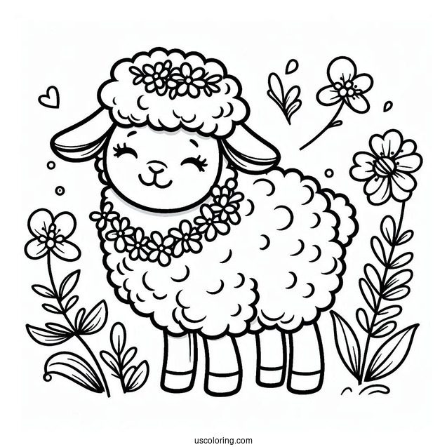 Easy Sheep With Flower Necklace Spring Coloring Page