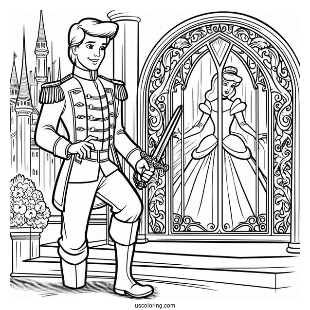 Prince Charming Holding A Sword Inside The Castle Coloring Sheet