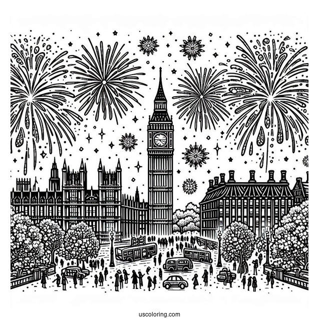 Classy New Year Coloring Page Of Celebration In London With Fireworks Behind The Big Ben