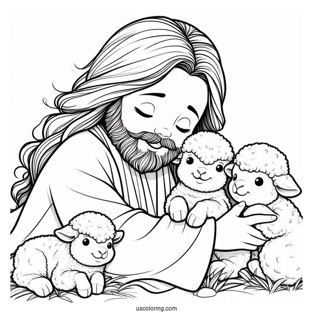 Easy Cute Cartoon Jesus With Lambs Coloring In