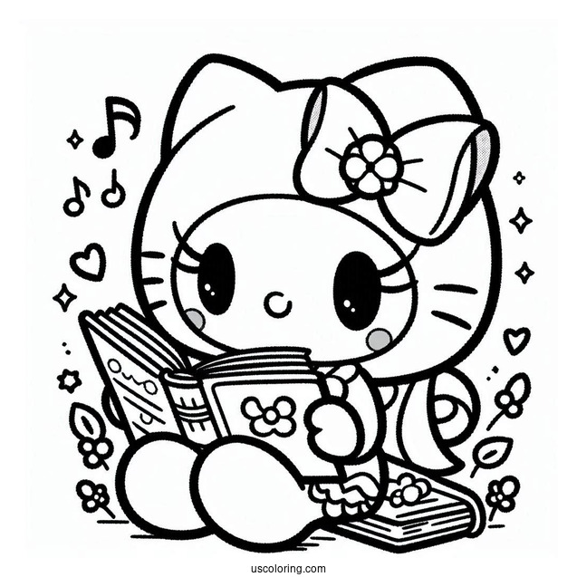 My Melody Coloring Page Reading Book With Flat And Risu