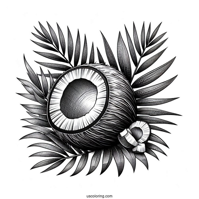 Realistic Coconut Coloring Page On Leaves