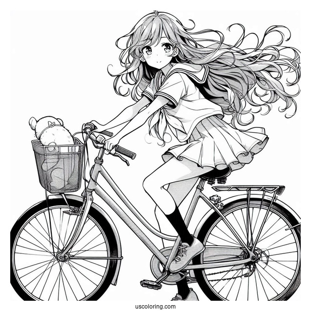 Anime Girl Riding Bicycle Coloring Page