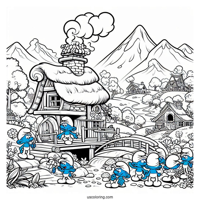 Detailed Smurf Village Coloring In