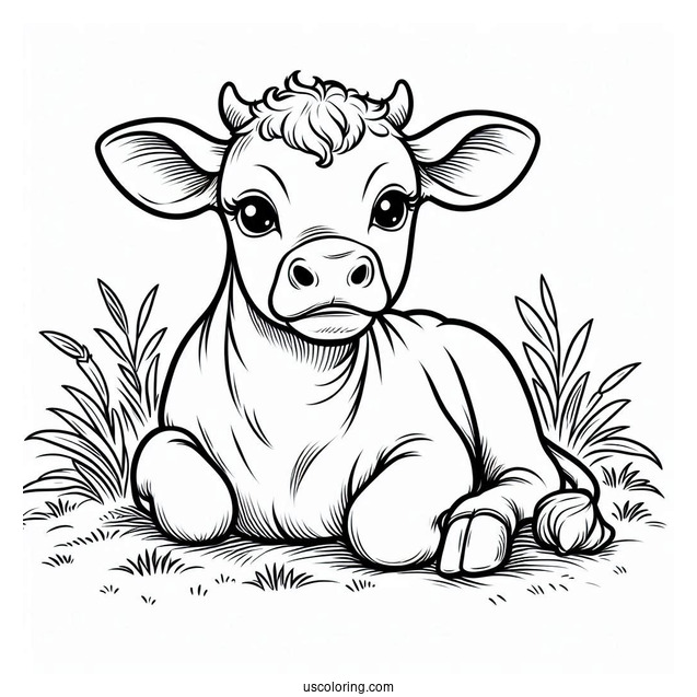 Baby Cow Resting In Grass Coloring Page