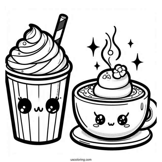 Cute Coffee Coloring Pages Of Cup Next To Cup Of Iced Beverage