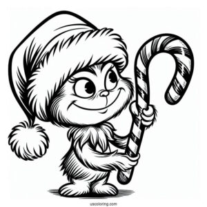 Grinch Holding A Candy Cane Coloring Page On Christmas Day