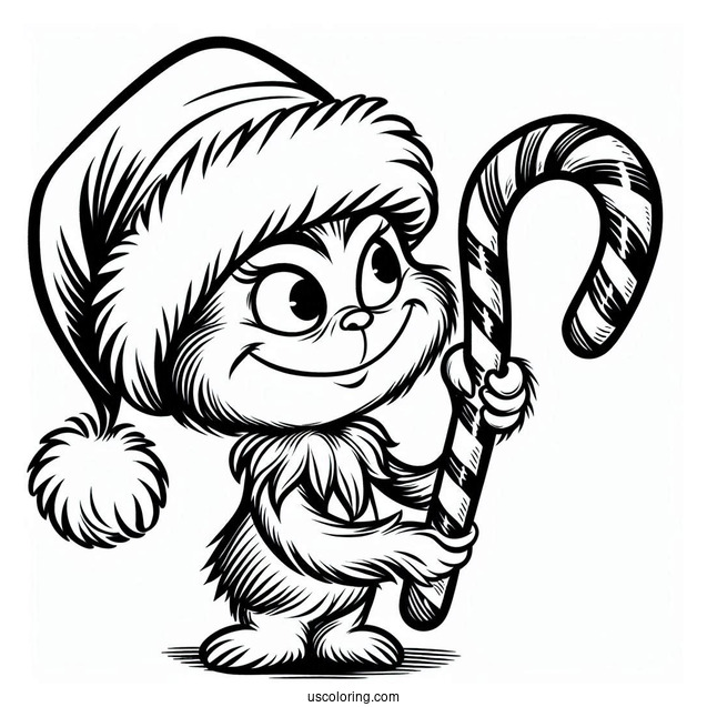 Grinch Holding A Candy Cane Coloring Page On Christmas Day