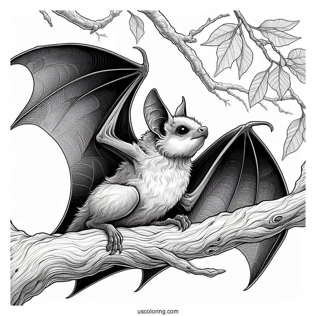 Realistic Bat Coloring Page Perched On Tree