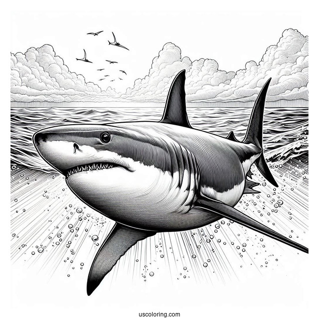Close Up Of Realistic Great White Shark Coloring Page