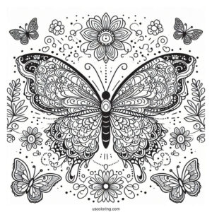 Grand Butterfly Coloring Page Mandala Surrounded By Flowers