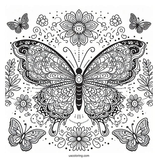 Grand Butterfly Coloring Page Mandala Surrounded By Flowers