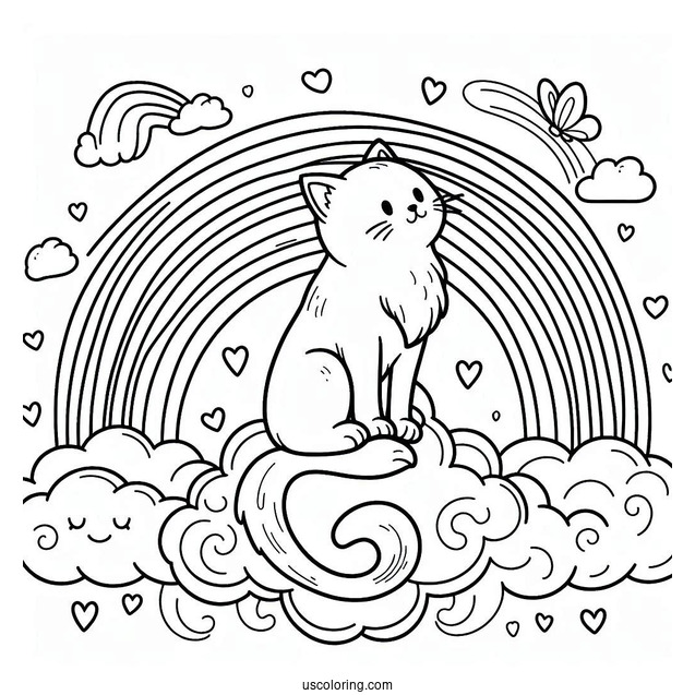 Cat Sitting On A Cloud In The Middle Of A Rainbow