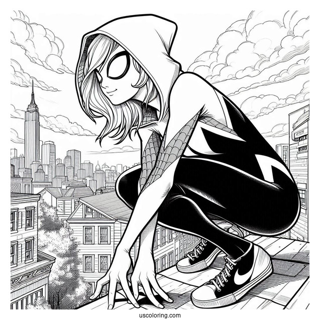 Spider-Gwen Coloring Page Crouched On The Edge Of A Roof