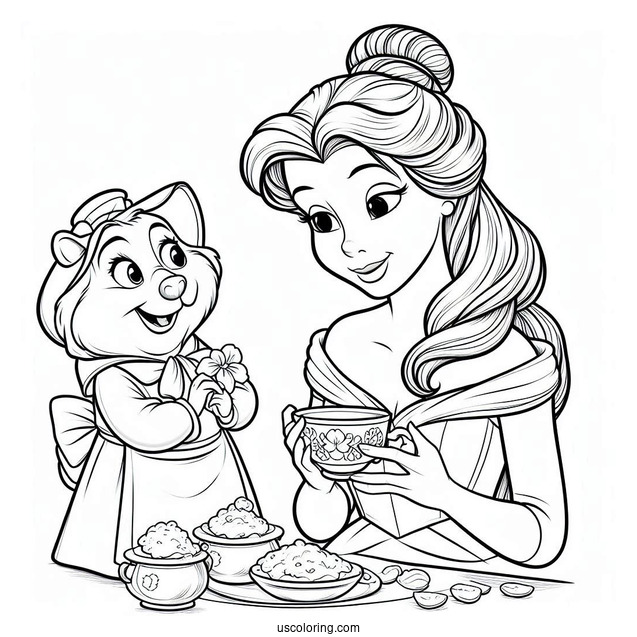 Princess Belle With Mrs Potts And Chip Coloring Page