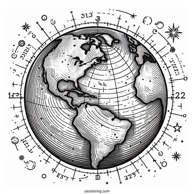 The Earth With Longitude And Latitude Lines Coloring Page