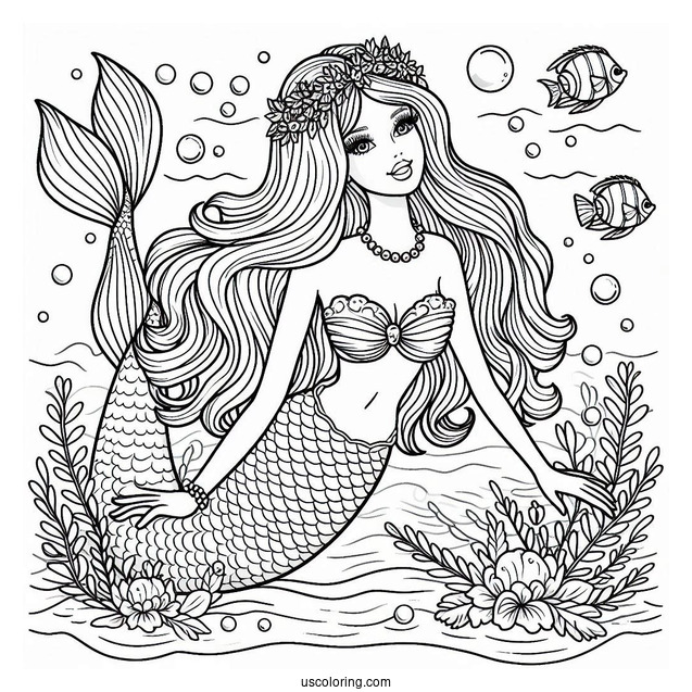 Mermaid Barbie Under Water To Color