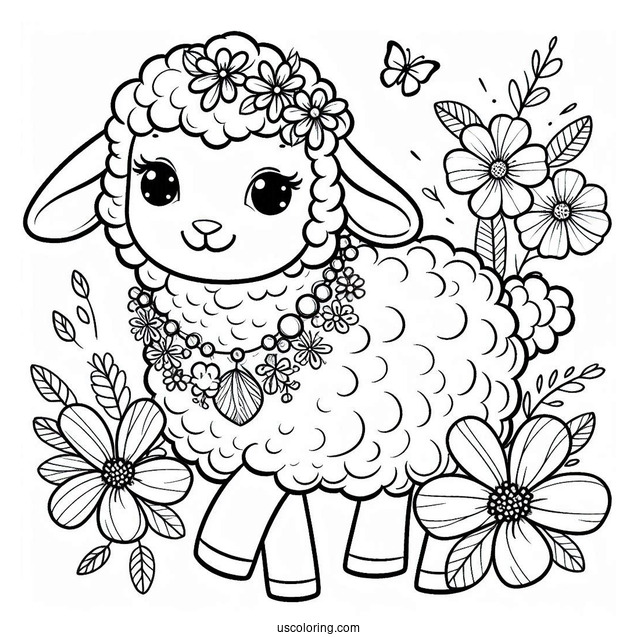 Easy Sheep With Flower Necklace Spring Coloring Page
