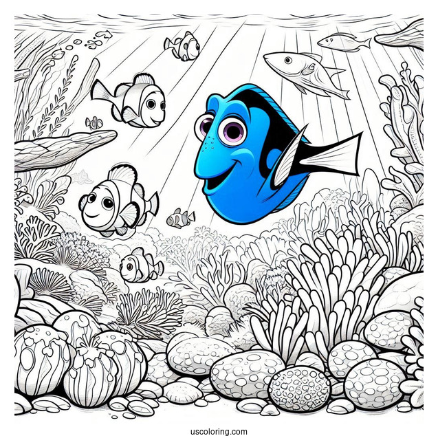 Pixar Coloring Page of Dory And Marlin In Coral Reef
