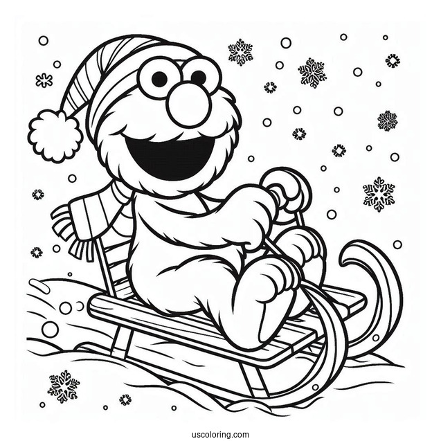 Elmo Riding a Sled During Winter To Color