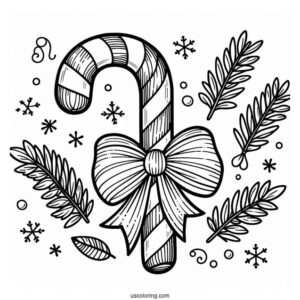 Festive Candy Cane Coloring Page With Pretty Bow