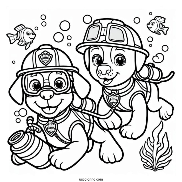 Paw Patrol Dogs Scuba Diving Coloring Page