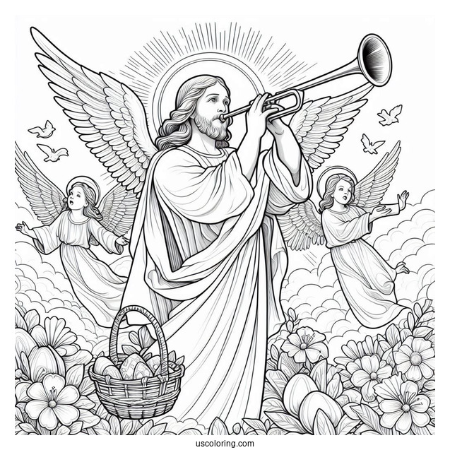Holy Jesus With Angels Blowing Trumpets On Easter Coloring Page