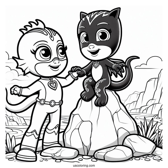 PJ Masks Coloring Page Of Octobella Holding Hands With Gekko On Rock