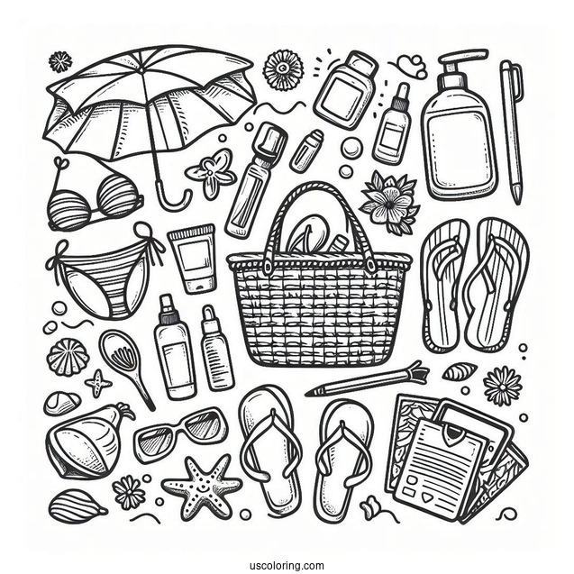 Full Page Beach Essentials Coloring Sheet
