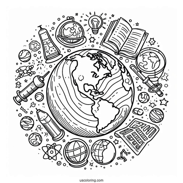 Easy Earth Surrounded By Science Coloring Page And Technology