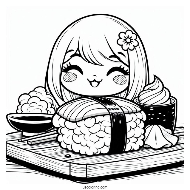 Sushi Coloring Pages Smiling Nigiri With Soy Sauce And Wasabi On A Board For Kids