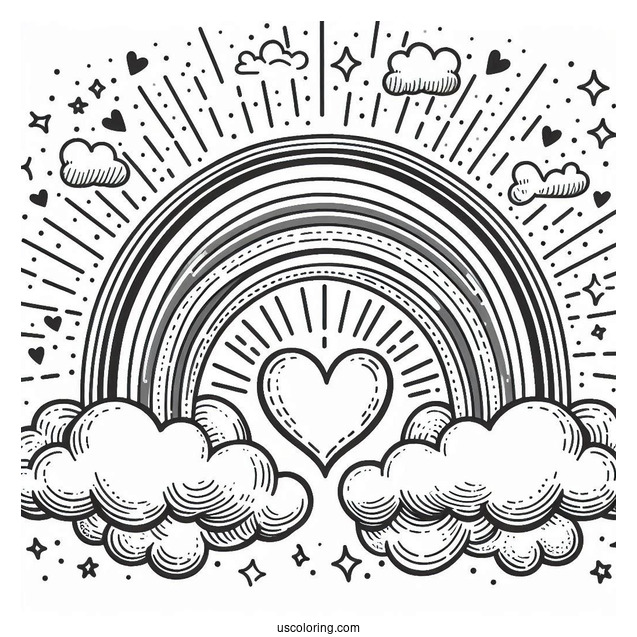 Rainbow Coloring Page With Love Heart Clouds