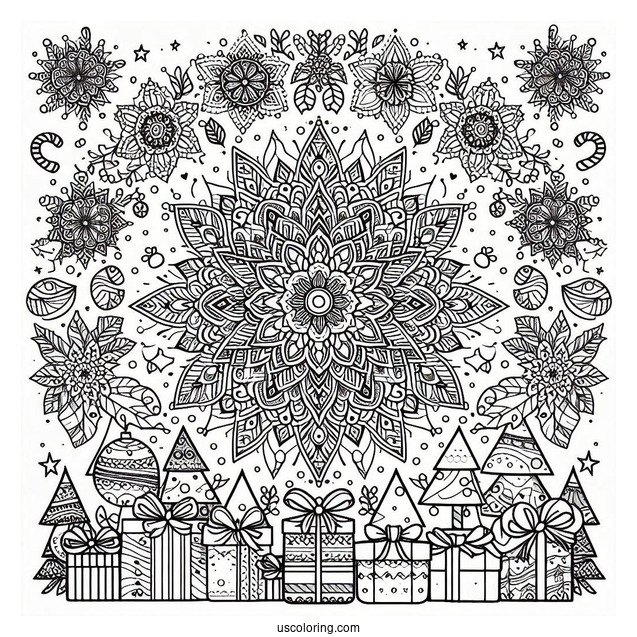 Christmas Mandala Coloring Page Of Have A Merry Little Christmas Mandala With Trees, Presents, And Poinsettias