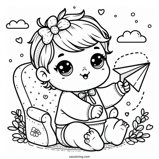 Easy Baby Coloring Page Holding A Paper Airplane