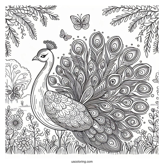 Peacock Coloring Page with Decorative Feathers In Woodland Meadow