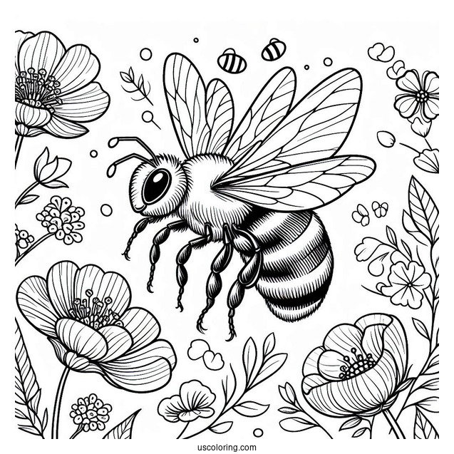 Realistic Bee Coloring Page Hovering Over Flowers