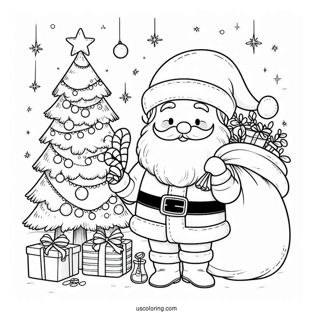 Santa Holding Sack Of Presents Next To Christmas Tree