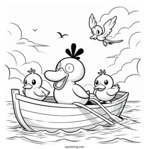 Psyduck Coloring Page On A Boat With Quaxly, Farfetch'd, And Sirfetch'd Ludicolo,