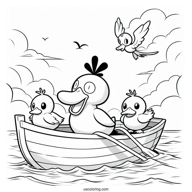 Psyduck Coloring Page On A Boat With Quaxly, Farfetch'd, And Sirfetch'd Ludicolo,