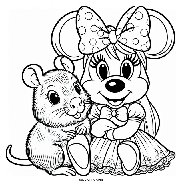 Minnie Mouse With A Capybara Coloring Page Wearing Matching Bows