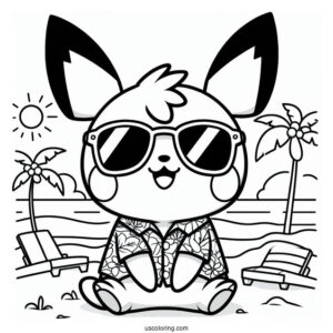 Pichu Coloring Page In Sunglasses And Hawaiian Shirt At The Beach